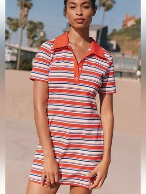 Maeve Red White & Blue Striped Short Sleeve Polo Mini Dress Sz. S